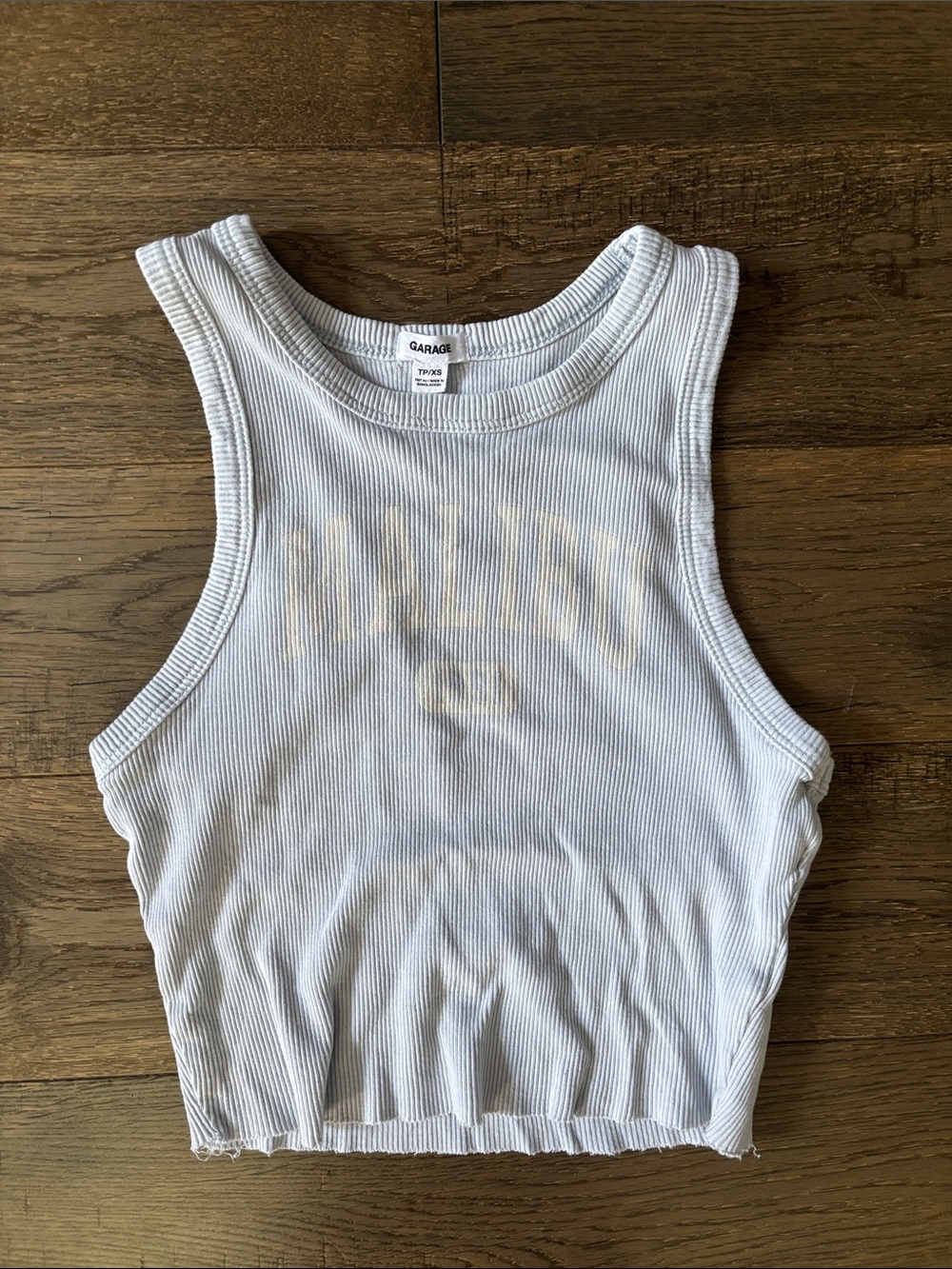 Garage White Ribbed Cropped Tank with Faint Front Print